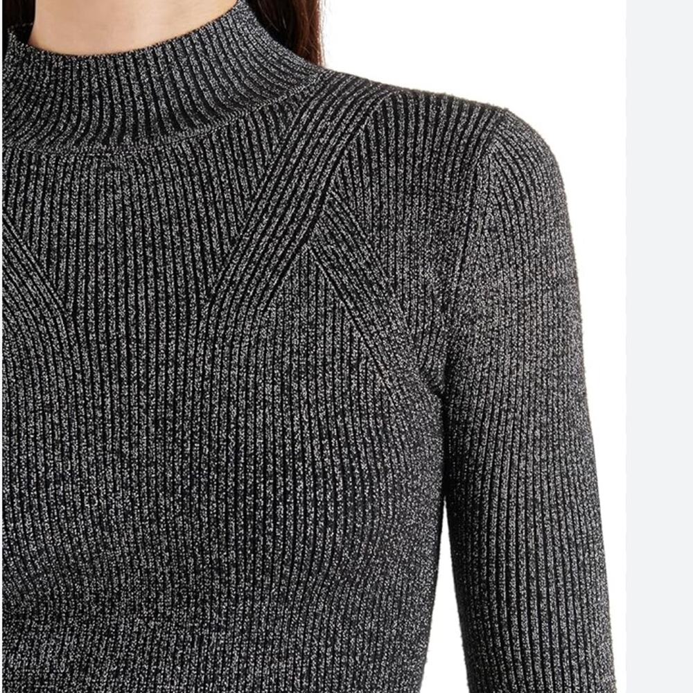 NWOT Steve Madden Serita Metallic Gray Rib Mock Neck Sweater – Sz Med - Picture 2 of 11